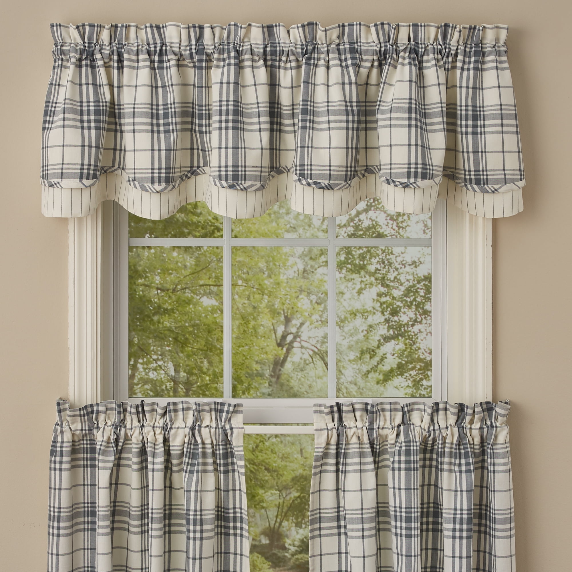Simplicity Layered Valance Gray Bluish Grey Cream Plaid Farmhouse Window 72WX16L 