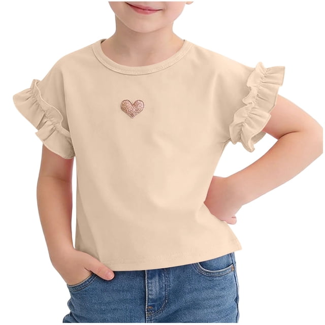 Zpanxa Chemises Filles Manches Volantées Imprimé Cœur Col Rond Dentelle Évasée Coton T-Shirt Manches Courtes 4-5 Ans