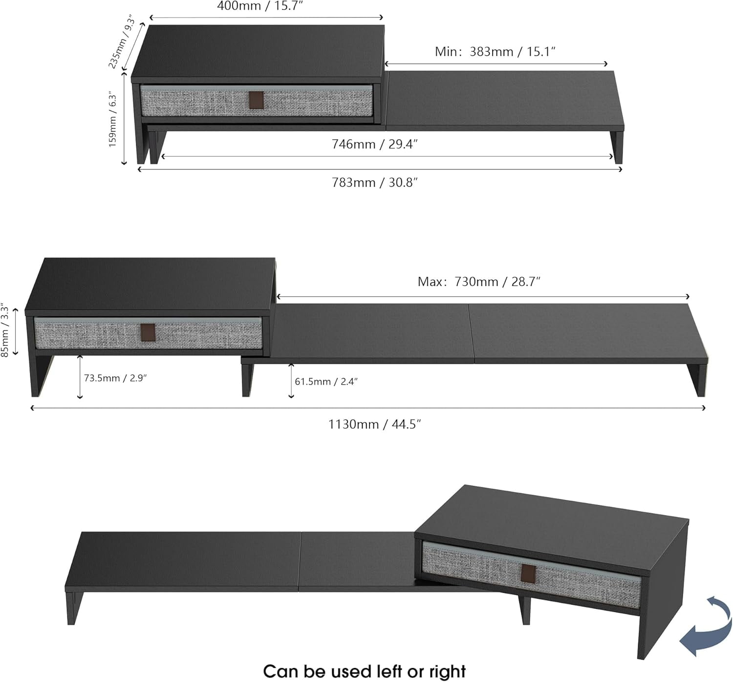 Adjustable Computer Monitor Riser Stand with Drawer for 2-3 Monitors, Ergonomic Height & Length Desktop Organizer for Office, Black