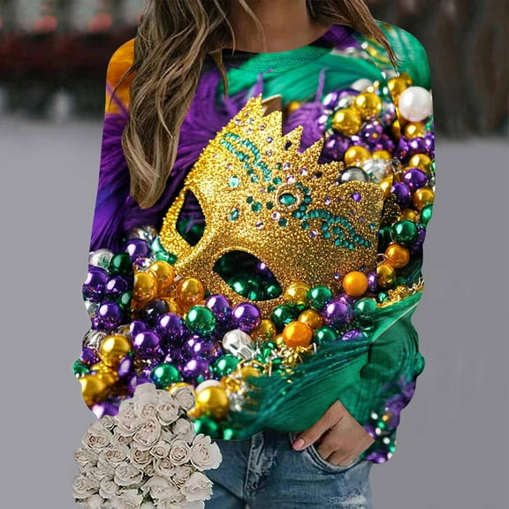 Jjayotai Mardi Gras Sweatshirt for Woman, Carnival Pullover, Tuesday Shirt, Mask Graphic Long Sleeve Tops Multicolor S