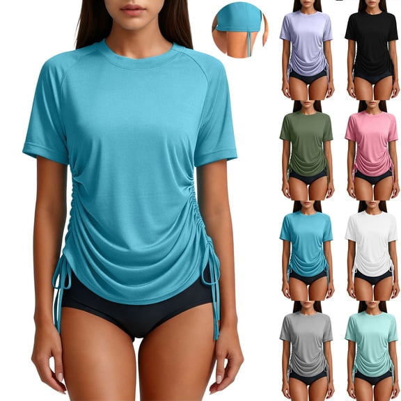 Tqcoqu Women's Short Sleeve Rash Guard Shirts UV Protection Swim Shirts Lightweight Adjustable Tie Swimwear,Purple,Women's S-XXL