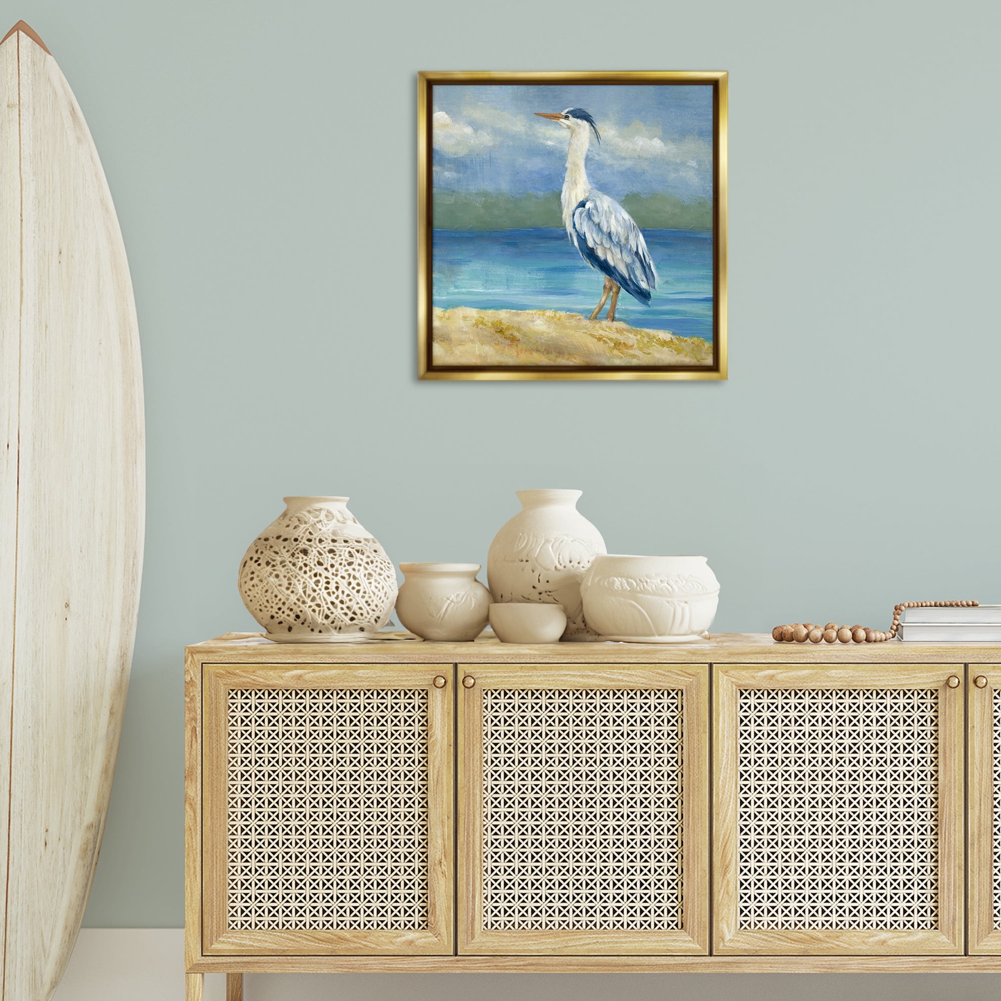 Stupell Industries Heron on Cloudy Beach Nautical & Beach Painting Gold Floater Framed Canvas Art Print Wall Art, 25 x 25