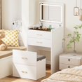 thumbnail image 4 of 23.6'' Wide Makeup Vanity Table with Flip Top Lighted,Storage Makeup Stool,3 in 1 Vanity Desk with Visible Glass, LED Light & Power Outlet ,3 Drawers & Upholstered Stool, 4 of 5