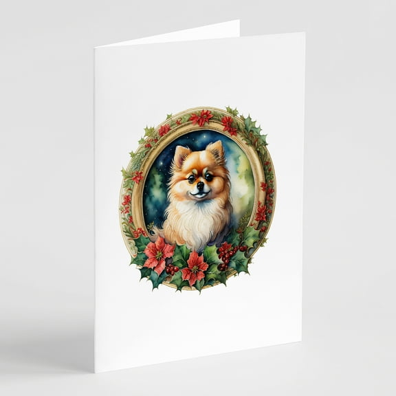 Pomeranian Christmas Flowers Greeting Cards Pack of 8 7 in x 5 in