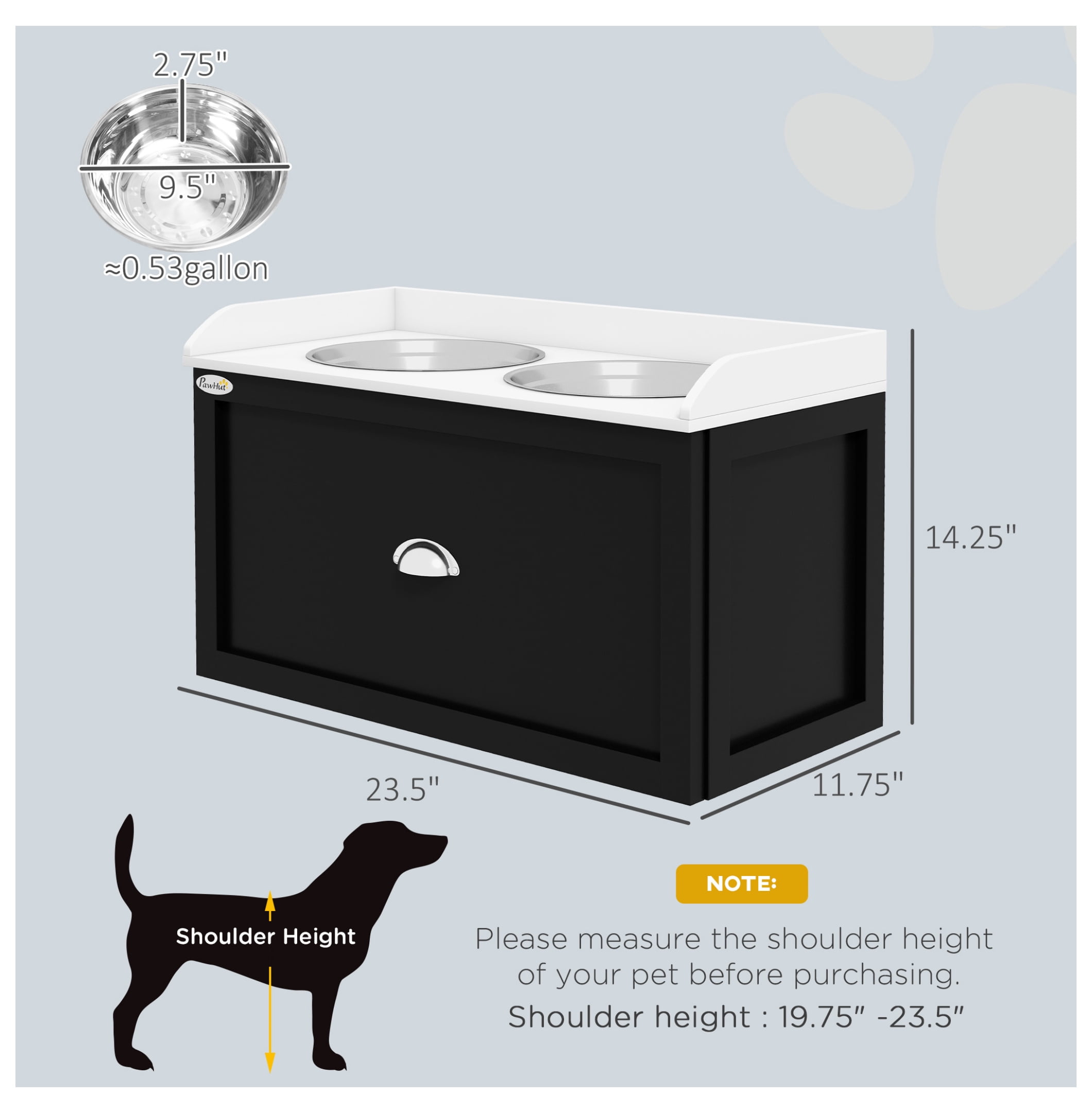 Elevated Dog Bowls with Storage, Pet Feeder Station for Large Dogs, 2 Stainless Steel Bowls, White & Black