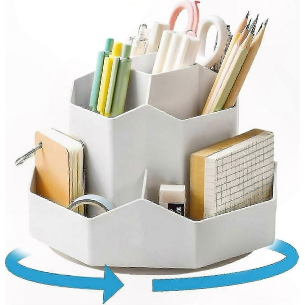 Rotating Desk Organizer with 9 Compartments, 360-Degree Swivel Pencil Holder, Stationery and Makeup Brush Storage Solution