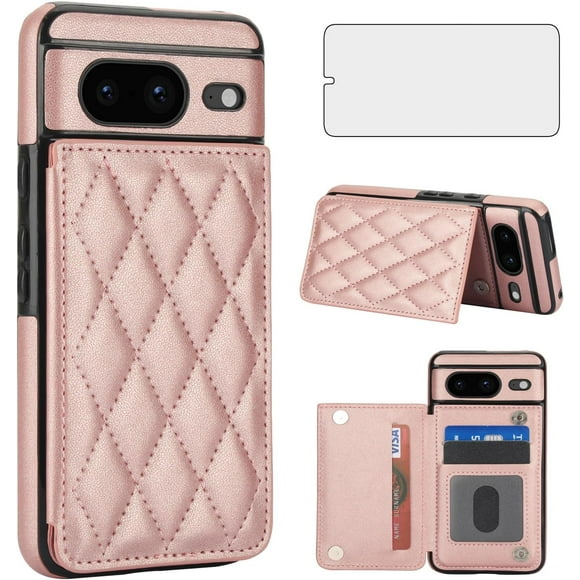 HCTian Phone Case for Google Pixel 8 5G Wallet Cover with Tempered Glass Screen Protector and Leather RFID Credit Card Holder Stand Slot Rugged Mobile Cell Accessories Pixel8 Eight Women