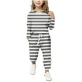 thumbnail image 2 of Girls Casual Striped Cute 2 Piece Outfits Long Sleeve Crewneck Pullover Tops Drawstring Pants Loungewear Sets New Tops and Pants Set Gray 5-6 Years, 2 of 5