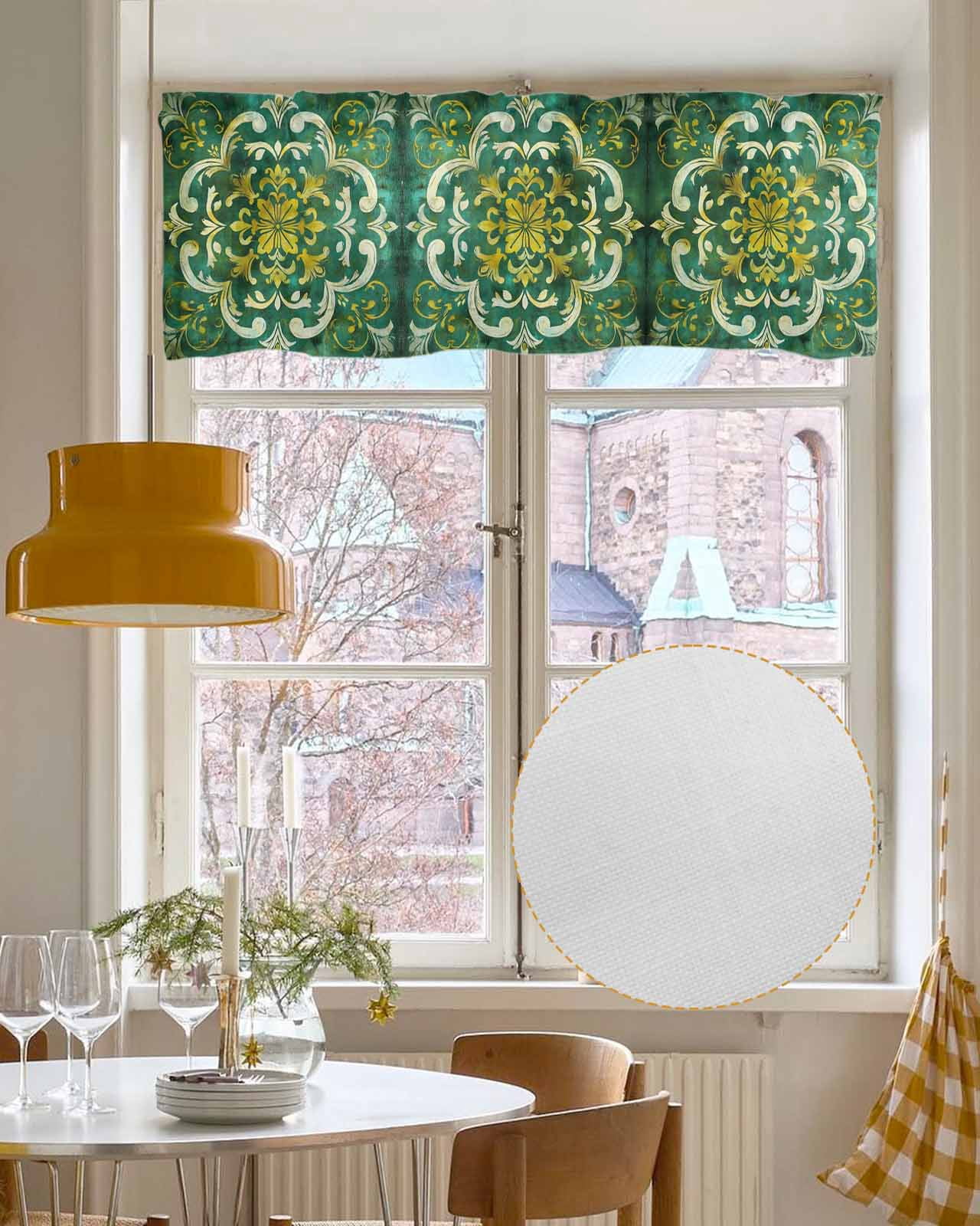 Green Yellow Flower Ethnic Kitchen Valances for Windows Farmhouse Linen Window Valance Curtain for Living Room Window Treatment Boho Vintage Abstract Valance Rod Pocket Topper Drape, 54 x 18 Inch