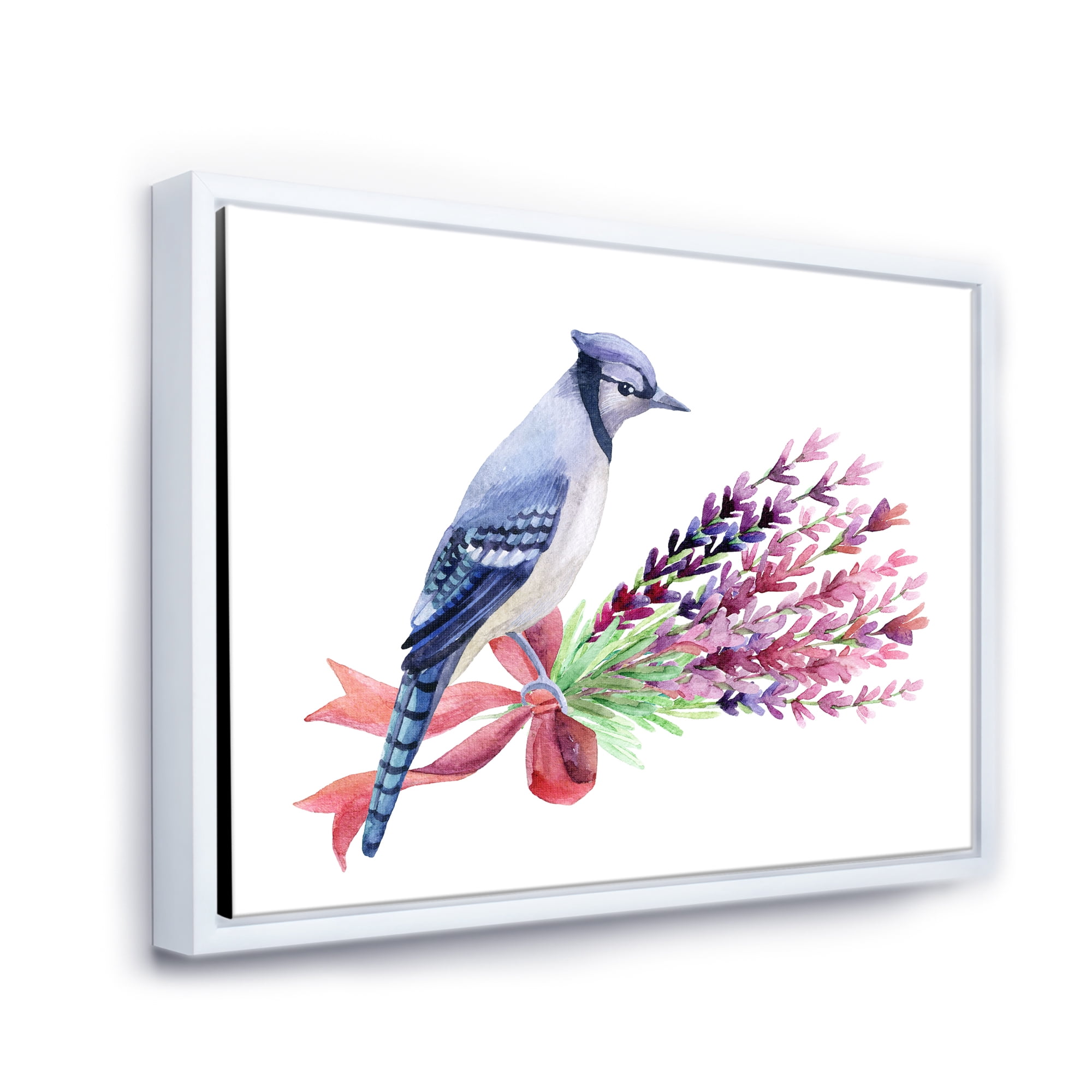 Designart 'Blue Jay Bird On Bouquet Of Pink Flowers' Traditional Framed Canvas Wall Art Print
