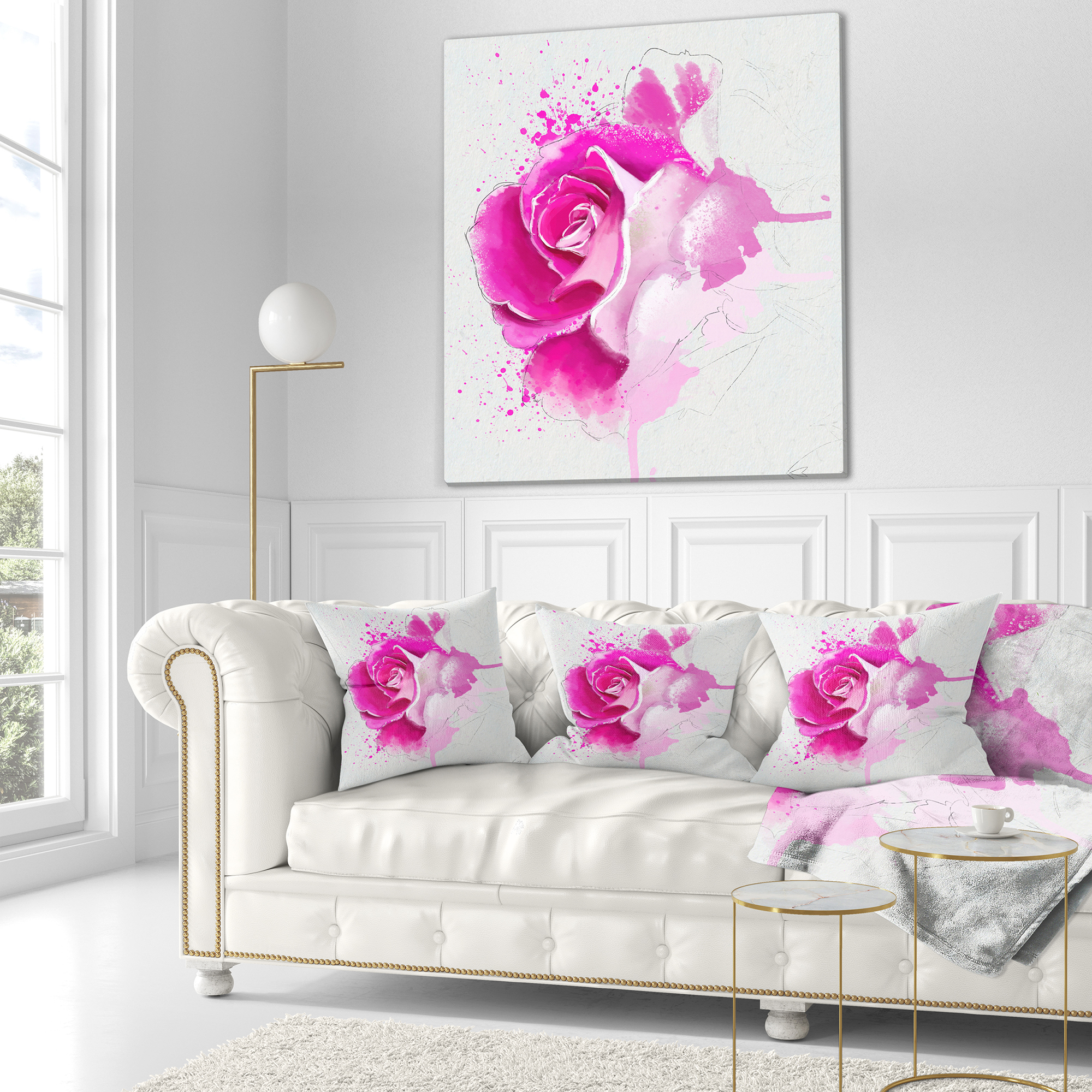 Designart Bright Pink Rose Flower Watercolor - Flowers Throw Pillowwork - 16x16