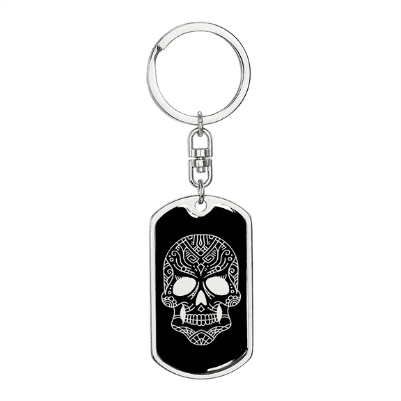 Calavera Mexican Sugar Skull 138 Stainless Steel or 18k Gold Premium Swivel Dog Tag Keychain