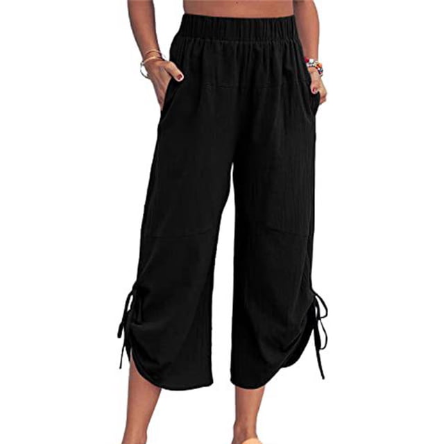 Snoarin Summer Plus Size Capris for Women Plus Size Womans Summer Solid Color Cotton Linen Loose Drawstring Pocket Cropped Trousers With Pockets Pants Trousers for Women on Clearance