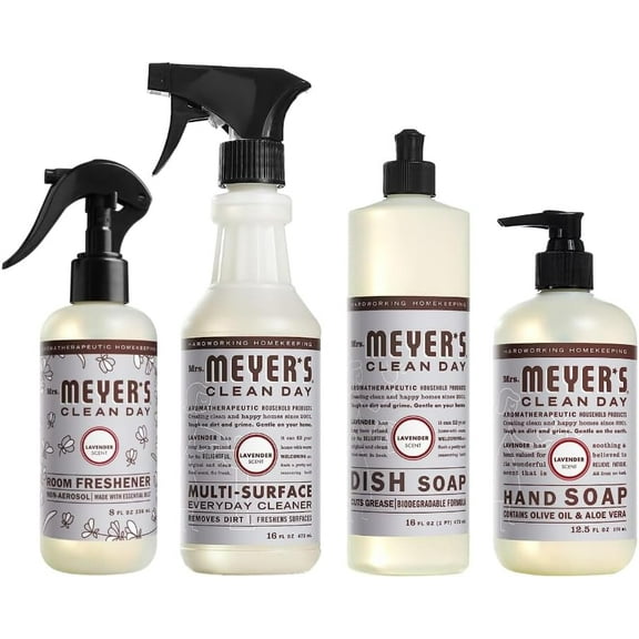 Mrs. Meyer's Clean Day Lavender Scent Variety, 1 Room Freshener 8 oz, 1 Liquid Dish Soap 16 oz, 1 Liquid Hand Soap 12.5 oz, 1 Multi-surface Cleaner 16 oz