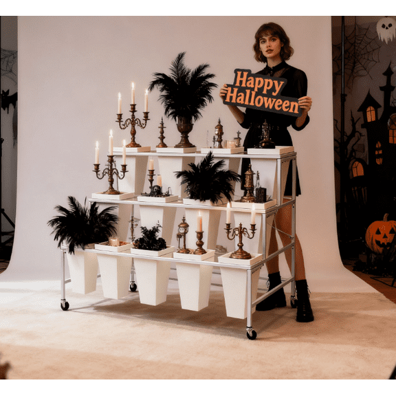 Three Tier Metal Flower Display Stand with 12pcs Plastic Buckets for Fresh Flowers Heavy Duty Garden Cart Moving Flower Bucket Stand with Wheels