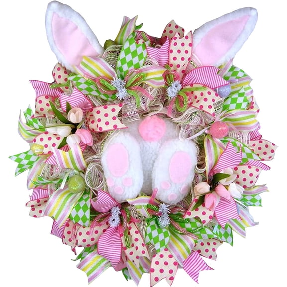 Easter Bunny Butt Wreath, Cute Rabbit Door Decor with Pink Green Ribbons & Mesh, Spring Seasonal Home Front Door Wall Hanging Ornaments for Easter Celebrations (14in, Multicolor)