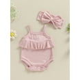 thumbnail image 4 of Cenuakty Baby Girls Rompers Solid Color Eyelet Knit Ruffles Spaghetti Strap Bodysuits Summer Clothes with Headband, 4 of 9