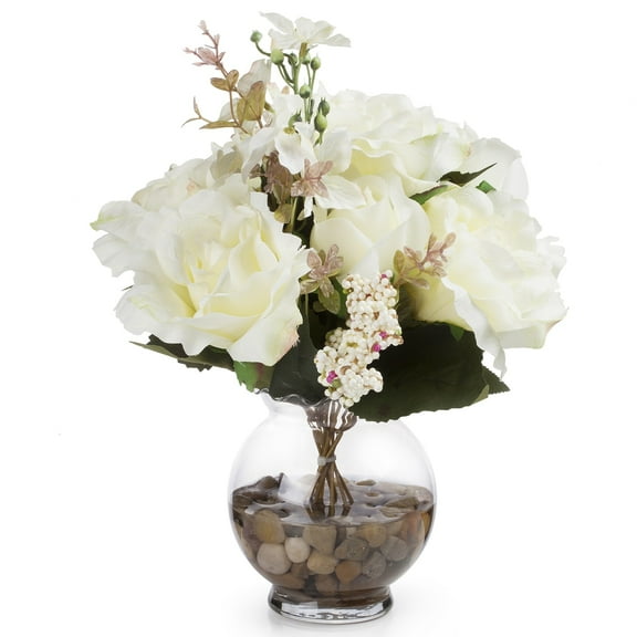 Enova Home Mixed Silk Rose Flower Arrangement in Glass Vase With Faux Water and River Stone