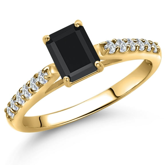 Gem Stone King 10K Yellow Gold Black Onyx and Lab Grown Diamond Engagement Ring for Women | 0.74 Cttw | Octagon 6X4MM | Gemstone December Birthstone | Size 7