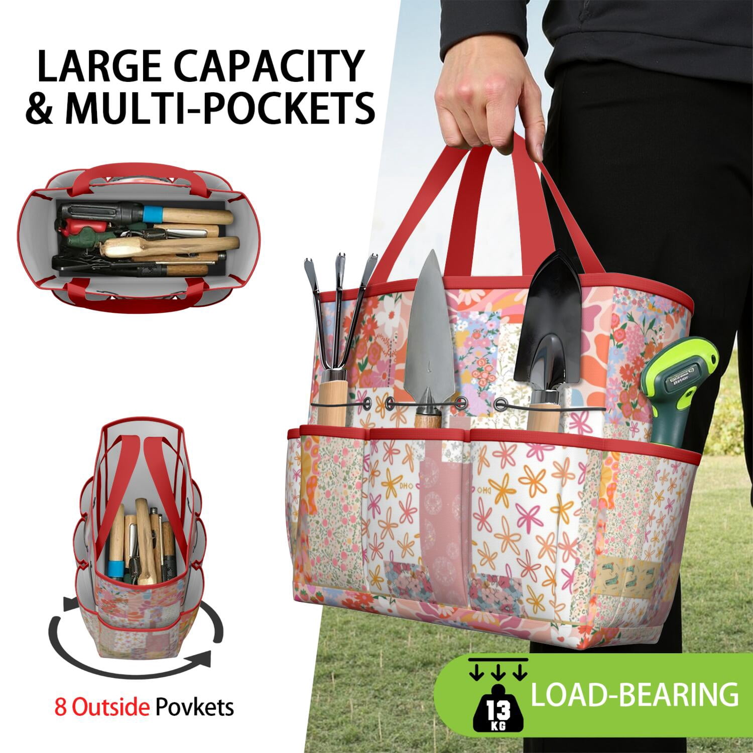 Garden Tool Bag,Pioneer Flower Floral Print Pattern Garden Tool Organizer,Garden Gifts,Waterproof Multi-Pocket Garden Tool Storage 11.8x5.5x11.4 Inch(Tools NOT Included)