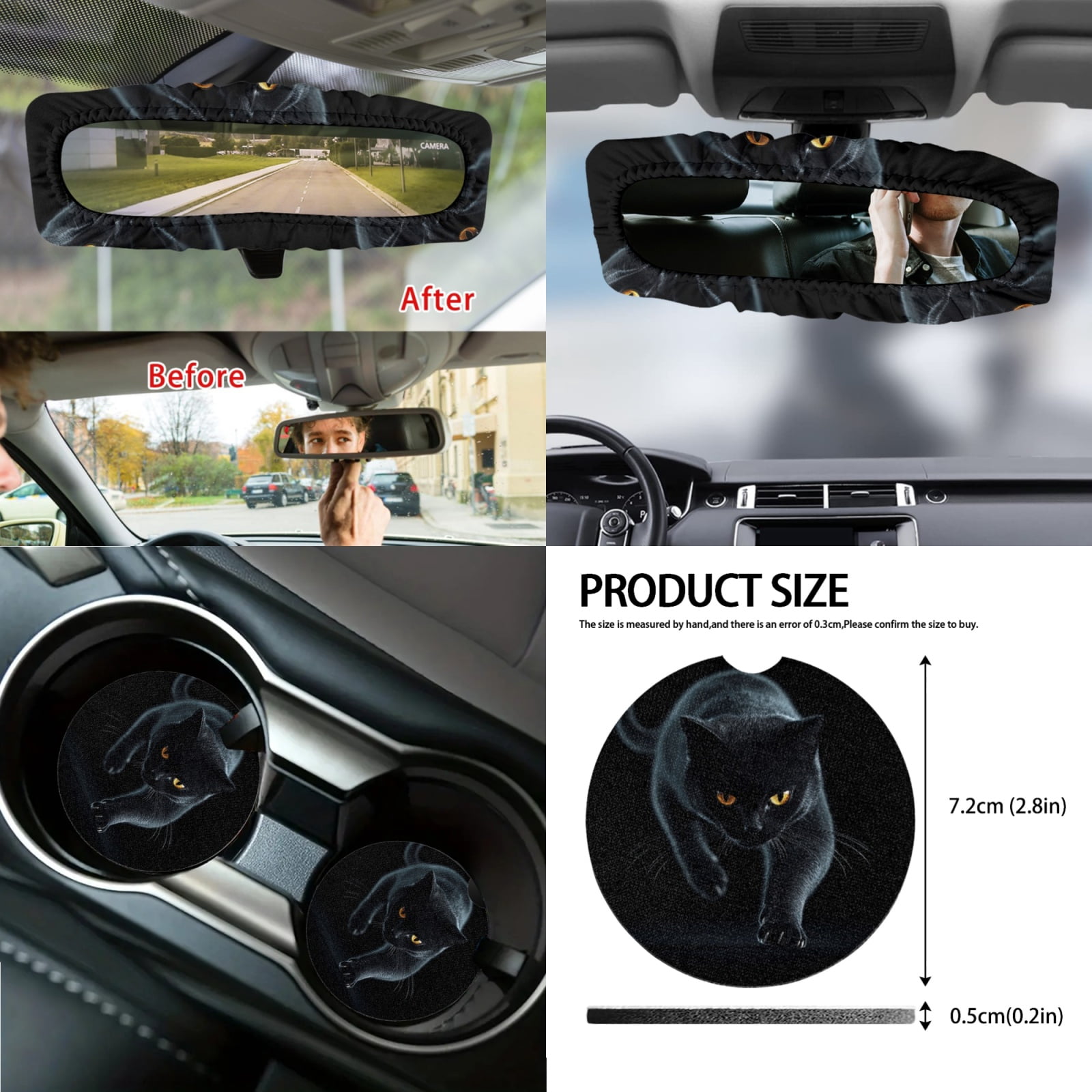 Jeiento Black Cat Car Seat Covers Front Back Seats Set of 14 Steering Wheel Cover Seatbelt Cushion Pad Trash Bin Armrest Cover Cushion Rearview Mirror Cover Gear Shift Knob Cover Set Cup Holder