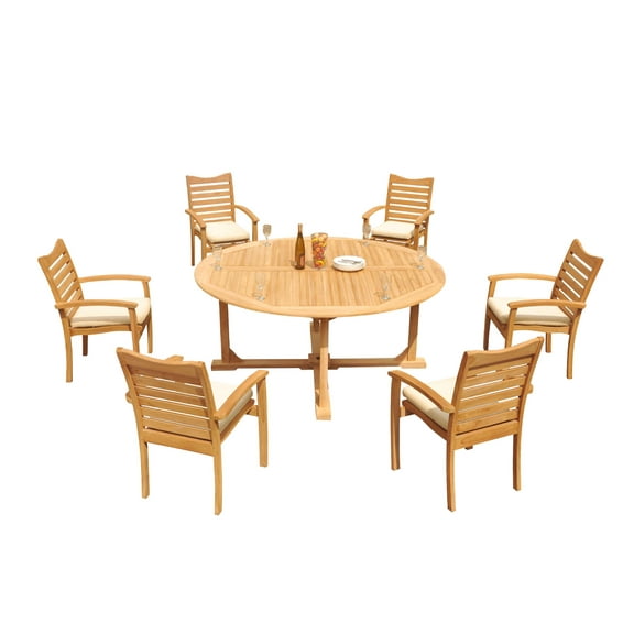 Grade-A Teak Dining Set: 6 Seater 7 Pc: 72" Round Table And 6 Aspen Stacking Arm Chairs Outdoor Patio WholesaleTeak #51AP1707