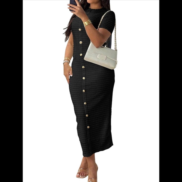 Vestido de Cóctel Ajustado Midi Texturizado con Bolsillos y Botones para Mujer Negro M