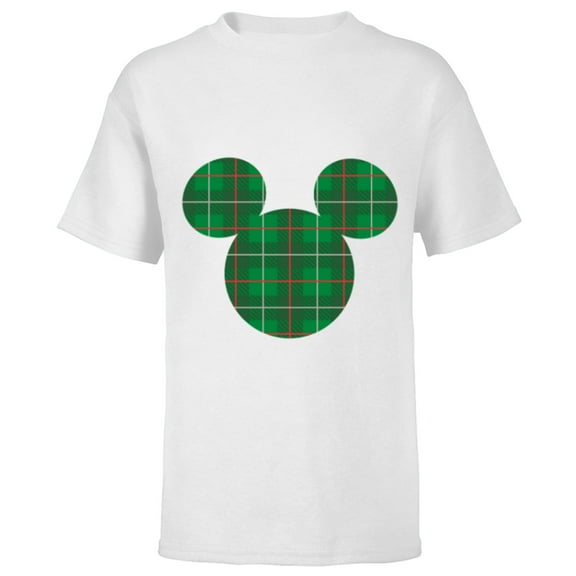 Disney Mickey Mouse Icon Green and Red Holiday Plaid - Short Sleeve T-Shirt for Kids - Customized-White