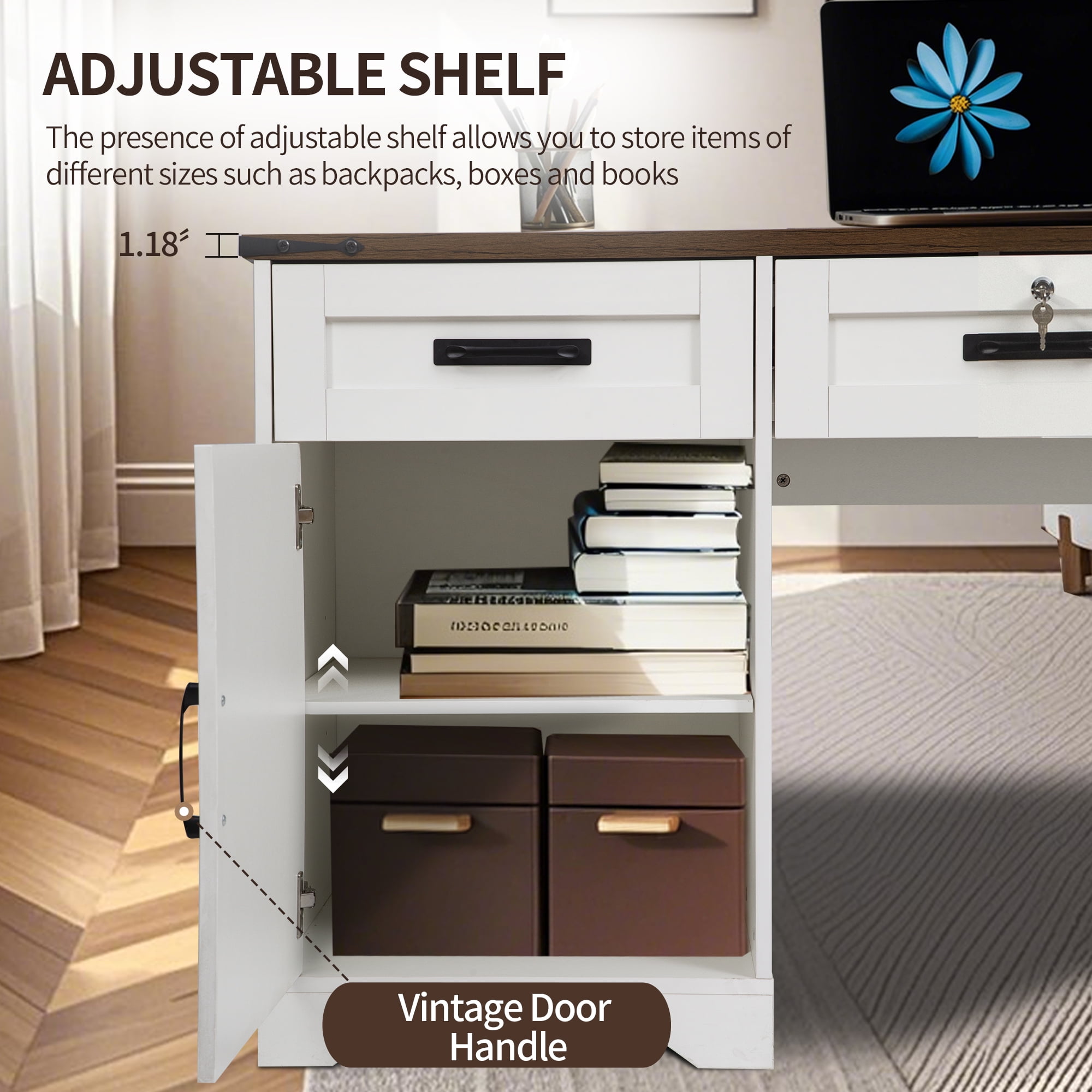 Haverchair 60" Farmhouse Executive Desk with 5 Drawers, Home Office Desk with Storage and Charging Station, Wooden computer Workspace with Lock, Cabinet with adjustable shelf for Work Study, White