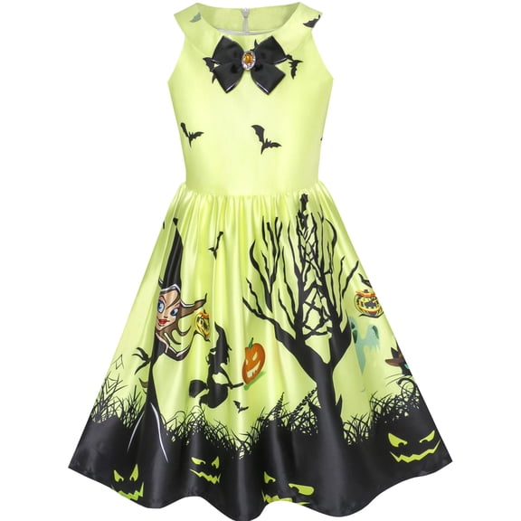 Girls Dress Halloween Witch Bat Pumpkin Costume Halter Dress 7