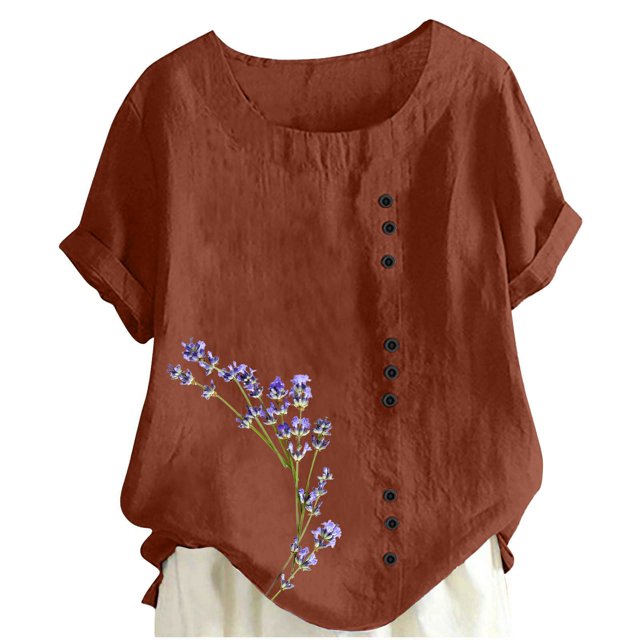Liquidation! Uooqdmx Chemises en Lin pour Femmes, Chemises à Manches Courtes pour Femmes, Hauts Fluides pour Femmes, Blouse Col Rond Décontractée Coupe Ample Tunique, Hauts en Gaze pour Femmes, Marron TTG