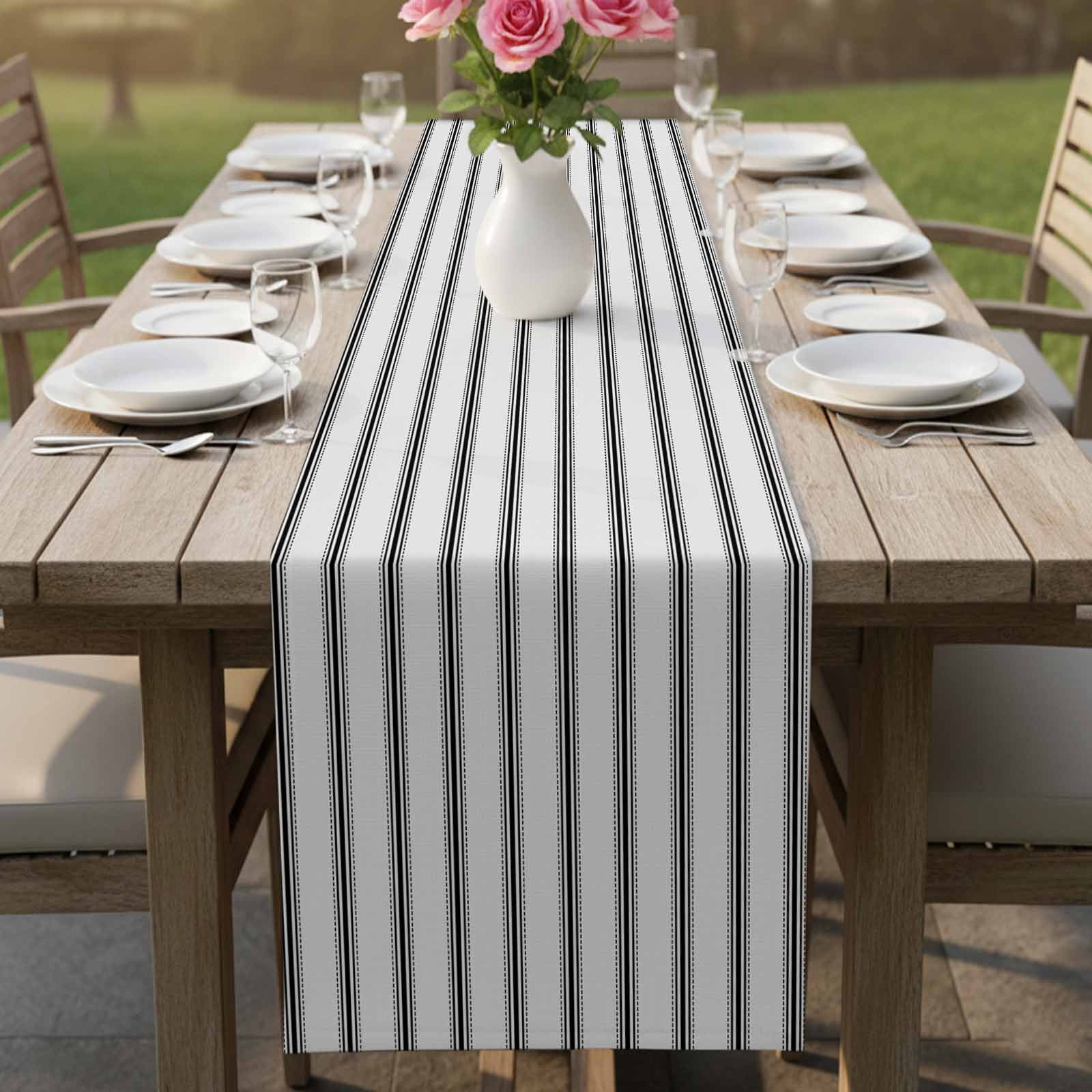 Black Striped Table Runner, Black White Stripes Farmhouse Washable Cotton Linen Table Runners 60 Inches Long, Dresser Scarf Runner for Coffee/TV Stands/Kitchen/Cabinets 13''x60''