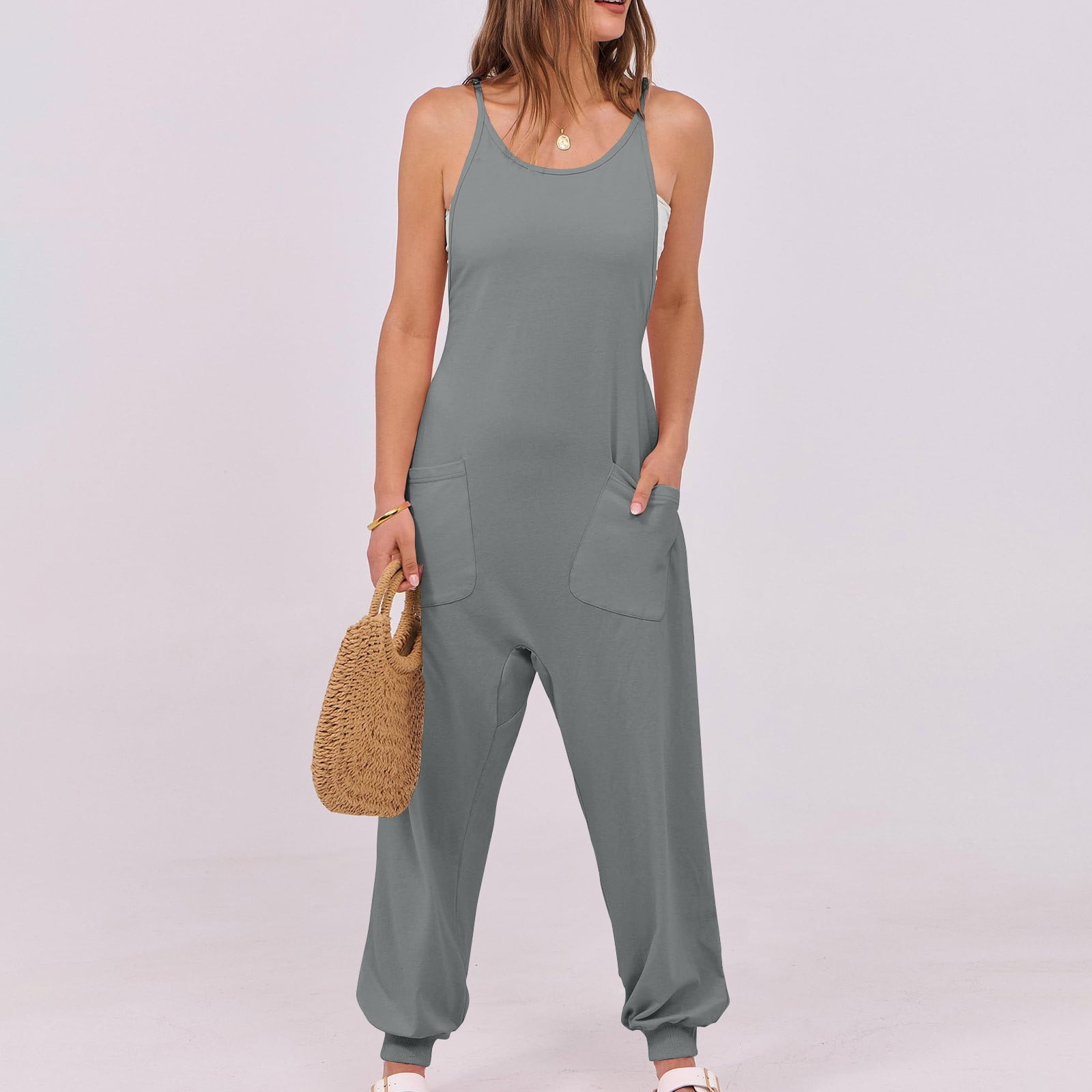 lcziwo Women's Causal Sleeveless Jumpsuits Summer Scoop Neck Harem Overalls Loose Fit Spaghetti Straps Romper with Pockets Holiady Going Out Outfits Gray M