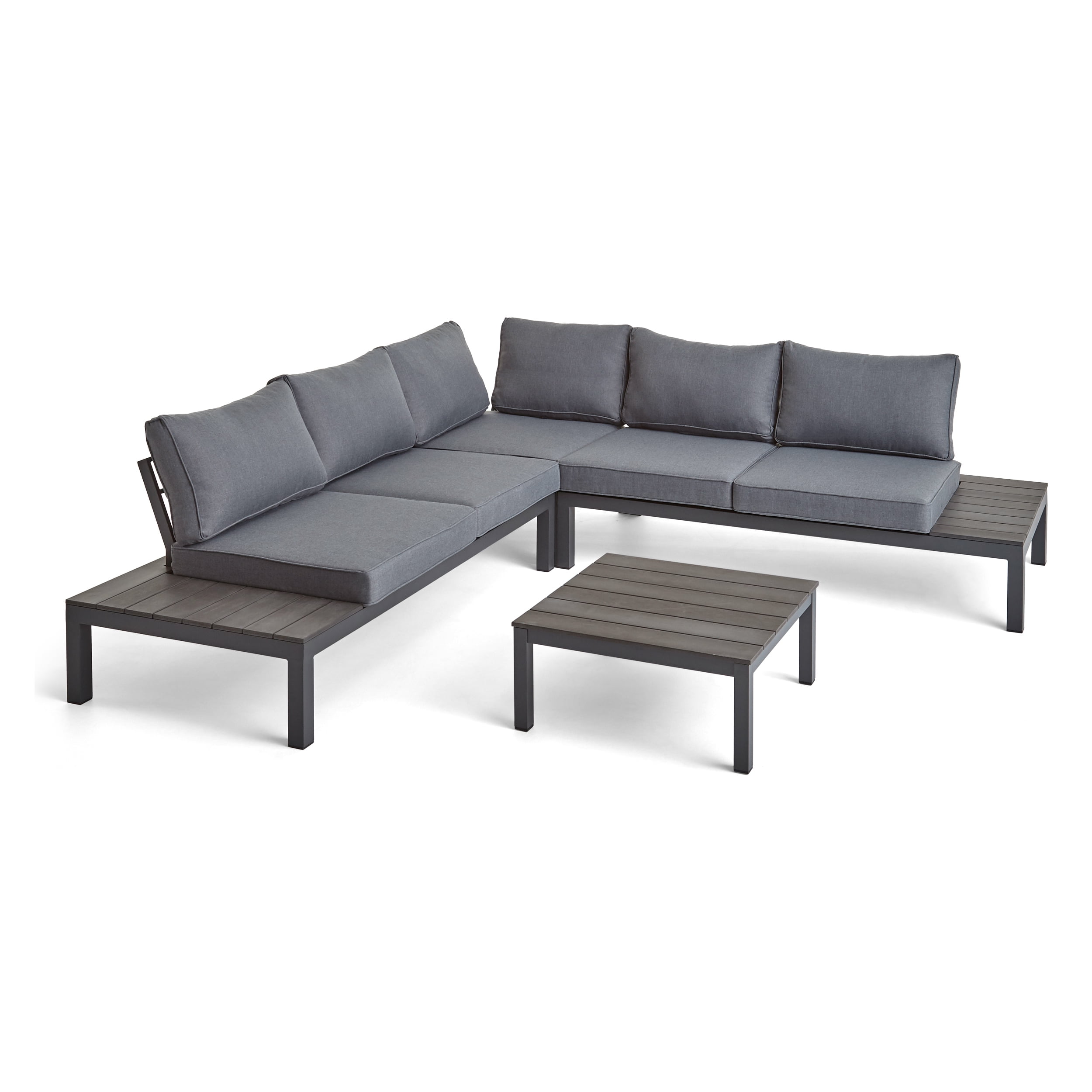 Kenzie Outdoor 4 Piece Aluminum and Wood V-Shaped Sofa Set with Cushions, Gray, Dark Gray