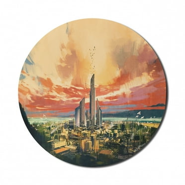 Cityscape Mouse Pad for Computers, Modern City by Harbor with Sailing Yacht Skyscrapers Painting Style Print, Round Non-Slip Thick Rubber Modern Gaming Mousepad, 8" Round, Multicolor, by Ambesonne