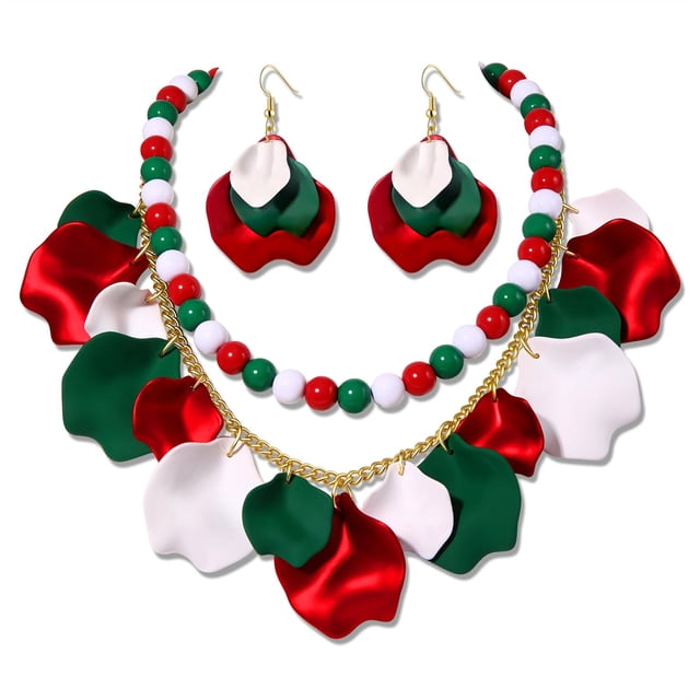 Set de Joyería FAERLIIRY Navidad Collar y Aretes en Rojo, Verde y Blanco