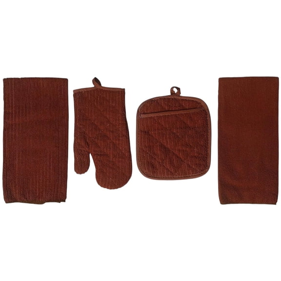 Set of 4, 100% Polyester 1 Kitchen Towel, 1 Dishcloth, 1 Potholder, 1 Oven mitt Kitchen Linen Set for Kitchen Décor for Cooking, Baking, Barbecue.