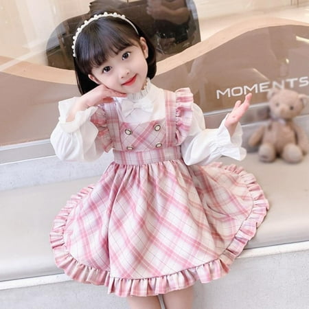 

1-5Y Girls Korean Style Casual Fashion Set Long Sleeve Top Plaid Print Skirt
