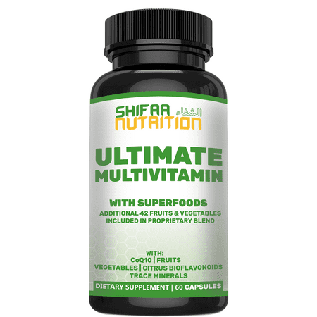 Halal Vitamins for Adults | 30 Servings | 70+ Nutrients | 42 Fruits & Vegetables | Non-GMO | Vitamin A B6 B12 Biotin Niacin C D3 E Zinc Calcium Iron, Folic Acid, CoQ10 Thiamin Boron| SHIFAA NUTRITION