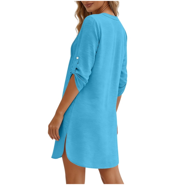 Bwndum Womens Sky Blue Cotton Shirt Dress