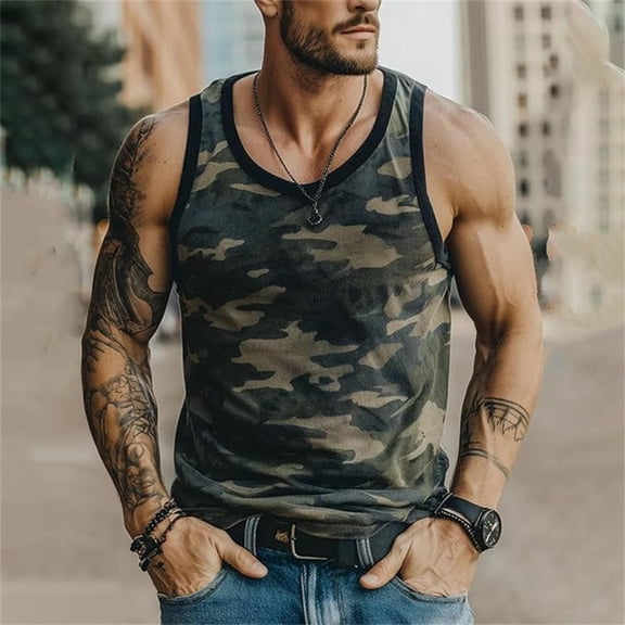 Men Workout Tank Tops Camo Athletic Gym Muscle Tee Shirts Quick Dry Breathable Sleeveless Summer Tops Dark Green L