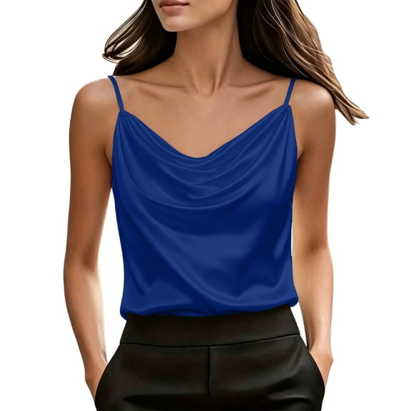 dazeni Elegant Ruched Spaghetti Straps Shirts for Women V Neck Cami Work Tops Summer Sleeveless Undershirts for Blazer Jackets Blue XL