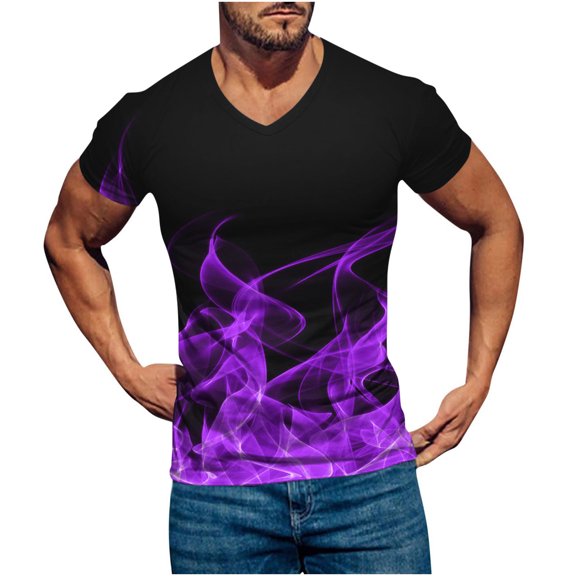 Odeerbi Men's Graphic T-Shirts Casual Fitness Sports Gradient Printing Shirt V-neck Short Sleeve Blouse Purple