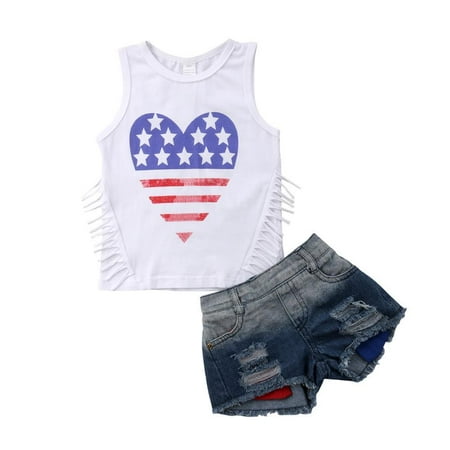 

Calsunbaby Toddler Baby Girls Jeans Shorts Independence Day Outfits Tops Ripped Denim Shorts Summer Clothes Set cqH