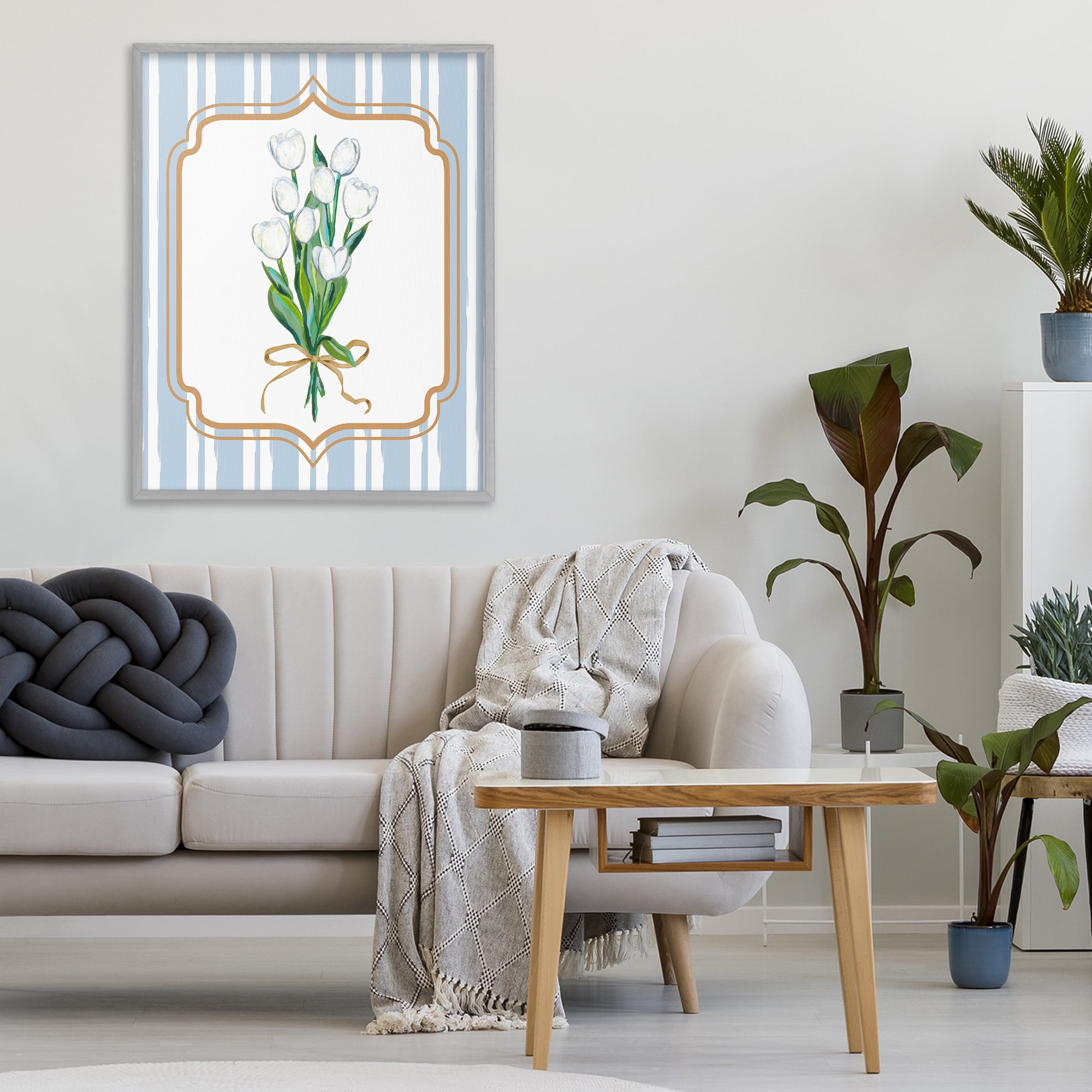 White Tulip Bouquet & Stripes Gray Framed Giclee Art, design by Adonna Ebrahimi