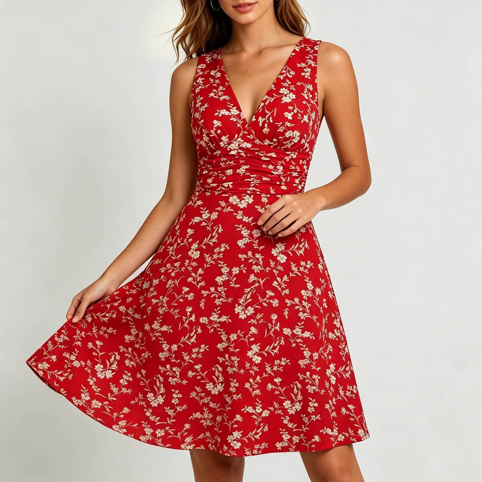 Red Sleeveless Dress for Ladies Fall Summer V Neck Formal Prom Party Evening Elegant Lounge Pleated A Line Flare Bell Bottom Dress Homecoming Dress Womens 2026 S