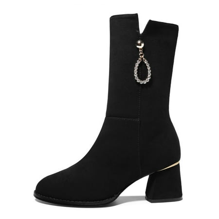 

Women‘s Chunky Heel Mid Calf Boots Faux Rhinestone Pendant Decor Black Zipper Boots Women‘s Shoes