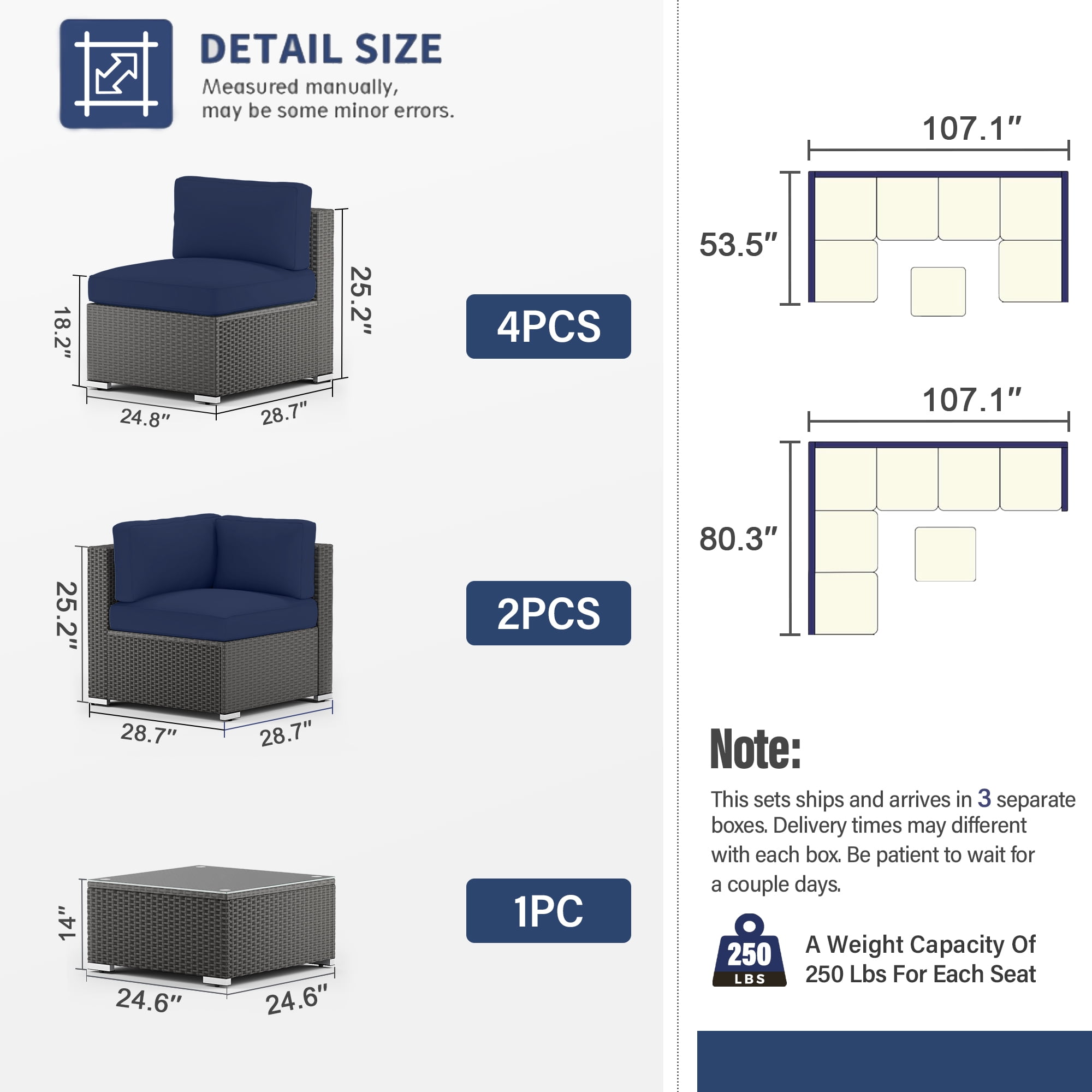 SUNCROWN 7-Piece Outdoor Patio Furniture Sofa Set All-Weather Black Wicker Sectional Conversation Set with Modern Glass Coffee Table and Cushions, Backyard, Garden, Deck, Dark Blue