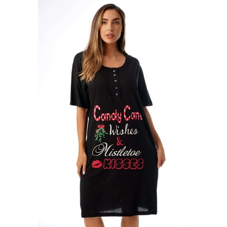 Christmas Screen Print Cotton Nightgown (Black - Candy Cane Wishes, 1X)