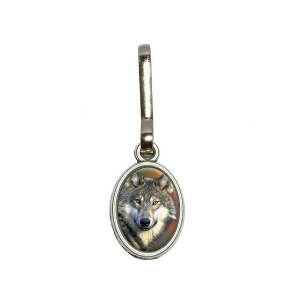 Gray Wolf with Fall Background Oval Zipper Pull